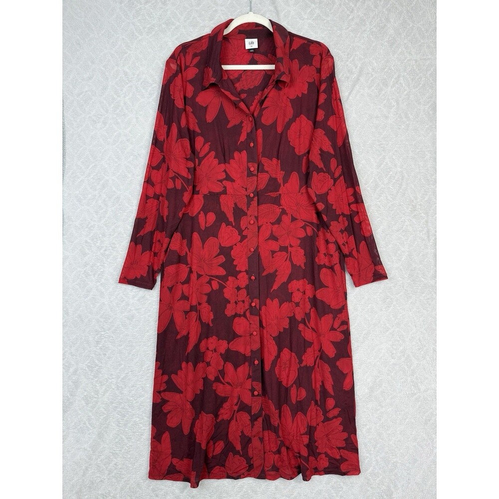 Cabi Shirt Dress XL Red Floral Fire Ice Collection Mesh Button Up Feminine Boho
